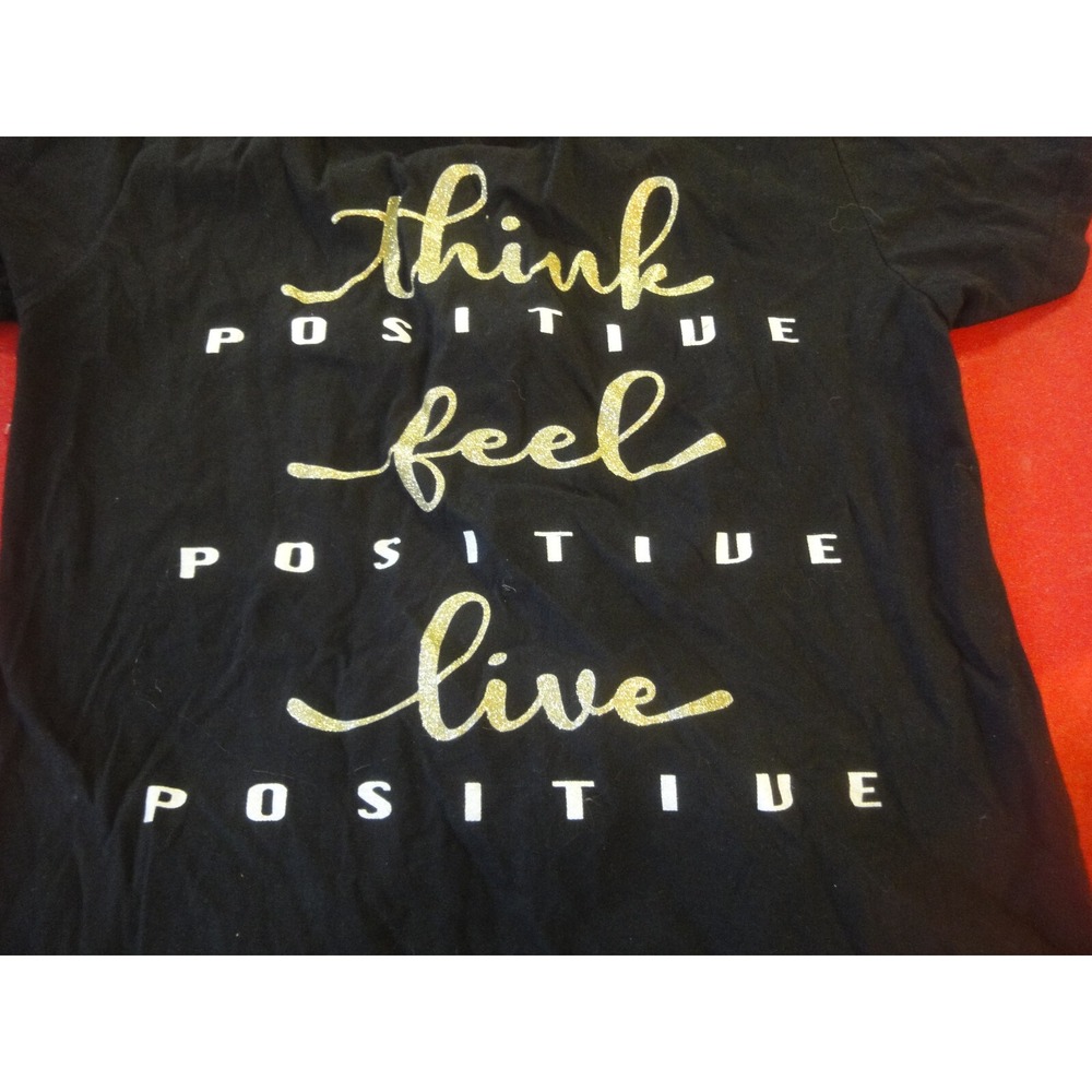 Juniors L shirt top THINK FEEL LIVE POSITIVE black gold‎ tie lace up back NWT